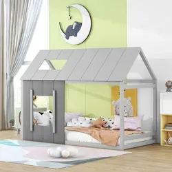 Kinderbett mit Lattenrost, 90x200 cm, Einzelbett, Hausbett inkl. Rausfallschutz, Jugendbett, Kiefer - Grau