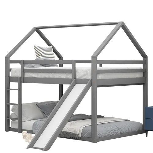 Etagenbett mit Rutsche und Rausfallschutz, 140x200 cm - Modernes Etagenbett aus stabilem Kieferholz mit zwei Schlafgelegenheiten, integrierter Rutsche und seitlichem Rausfallschutz – ideal für Kinder ab 6 Jahren.