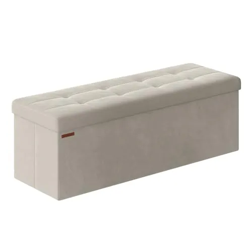 SONGMICS Sitzhocker mit Stauraum, klappbare Sitzbank, 38 x 110 x 38 cm Fußbank, Aufbewahrungsbox, bis 300 kg belastbar, für Wohnzimmer Schlafzimmer Flur, cremeweiß LSF277W01