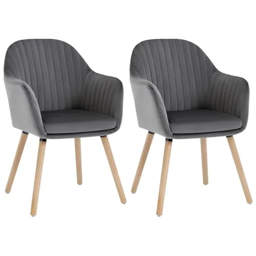 WOLTU Esszimmerstühle 2er Set, für Schlafzimmer Küche Wohnzimmer, Küchenstühle gepolstert mit Armlehne, aus Samt Massivholz, Dunkelgrau