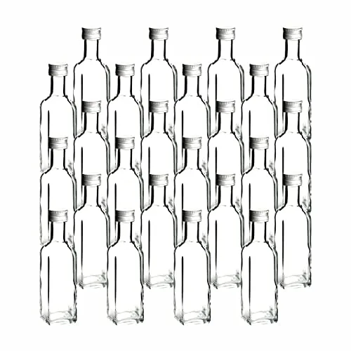 gouveo 24er Set Glasflasche 100 ml Maraska mit Schraubverschluss silberfarben - Kleine Flasche 0,1 l zum Befüllen - Leere Flasche eckig für Likör, Schnaps, Öl (MFET100S)