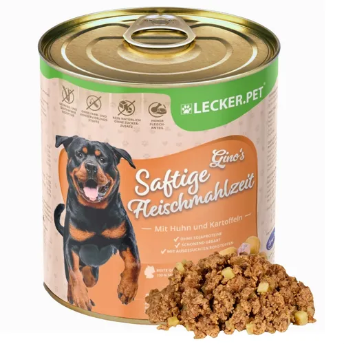 g Lecker.Pet® Gino's Saftige Fleischmahlzeit mit Huhn & Kartoffeln 18 x 800g - Hundefutter mit 58% frischem Hühnerfleisch, getreidefrei und ideal für ernährungssensible Hunde. Unterstützt Gesundheit von Haut und Fell.