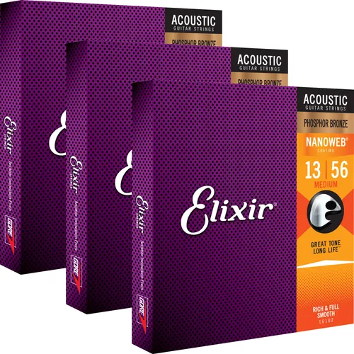 Elixir 16546 Nanoweb Acoustic Ph Bronze 13-56 - 3 Pack - Zubehör für Gitarre & Bass mit ultra dünner Nanoweb-Beschichtung für 3-5 mal längere Haltbarkeit und vollem, ausdrucksstarkem Klang.