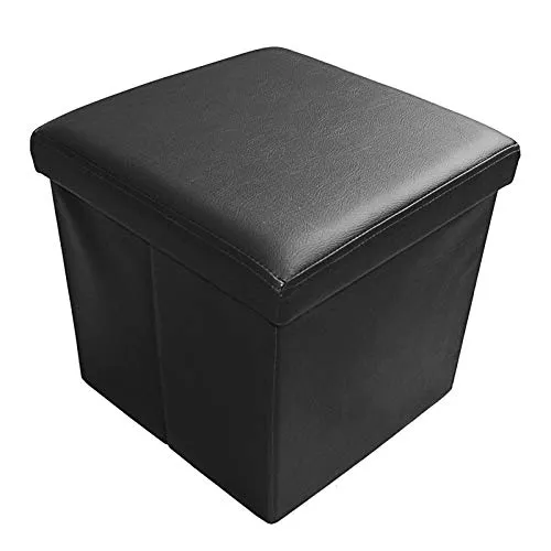 Natsen Sitzhocker mit Stauraum, 38 x 38 x 38 cm, faltbar Sitzwürfel aus Kunstleder, Sitzbank Fußhocker Fußablage Aufbewahrungsbox, Black