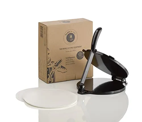 Buddy´s BBQ Tortillapresse - Antihaft Gusseisen für perfekte Tortillas - Quesadilla & Tortilla-Maschinen, aus hochwertigem Gusseisen für gleichmäßige Tortillas, inklusive 100 Blatt Papier für einfache Handhabung und Reinigung.