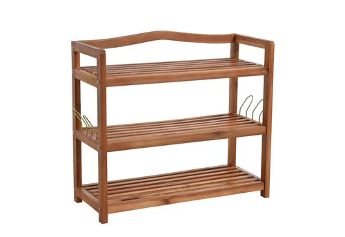 ESTEXO Holz Schuhregal - 3 Etagen Schuhablage - Schuhablage aus Akazienholz mit 3 Etagen und praktischen Haken, ideal für Flur oder Badezimmer. Maße: 64 x 26 x 58 cm, leicht aufzubauen und vielseitig einsetzbar.