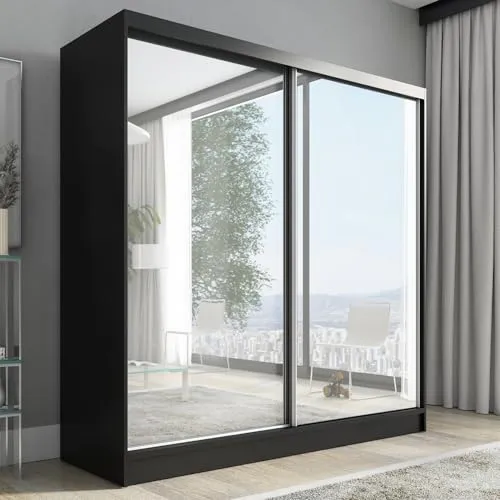 A&J MöbelLand Schwebetürenschrank Ivar 200 cm mit Spiegel (Schwarz) - Kleiderschrank mit modernem Design und pflegeleichten Oberflächen. Optimierter Stauraum für Kleidung und Accessoires, handwerklich gefertigt für höchste Qualität und Langlebigkeit.