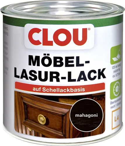 Clou Möbel-Lasur Lack Mahagoni 125ml - Auffrischung für Ihre Möbel - Möbel-Lasur in Mahagoni für eine hochwertige Neulackierung. Ideal zur Auffrischung und Pflege von Holzoberflächen.
