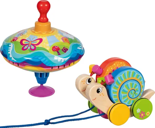 goki Lernspielzeug goki66 Starterpack: Brummkreisel & Ziehtier Duo Schnecken - Farbenfrohes 2-teiliges Set mit Brummkreisel und Ziehtier. Fördert Feinmotorik und Kreativität. Ideal für kleine Entdecker, die die Welt spielerisch erkunden möchten.