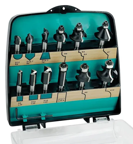 ENT 09012 12-tlg. Fräser Set Hartmetall – Vielseitige Fräser für Holzprojekte - Einsätze zur Kantenbearbeitung & Aushöhlung – 12-tlg. Set mit 8 verschiedenen Fräser-Kategorien, ideal für präzise Oberflächenbearbeitung und vielfältige Profilierungen. Hochwertige Hartmetall-Schneiden für längere Lebensdauer.