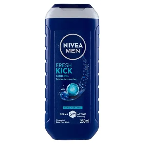 NIVEA MEN Fresh Kick Dusch-Shampoo 250 ml, 3-in-1-Duschgel für Gesicht, Körper und Haare, Duschgel für Herren mit reinem Menthol, Minzduft, pH-neutral, alle Hauttypen