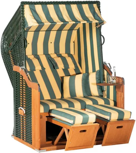 SunnySmart Strandkorb Rustikal 250 Plus - Halblieger für 2 Personen - Strandkorb, Ostsee-Modell, komplett montiert, mit verstellbarer Rückenlehne und höhenverstellbaren Fußstützen für maximalen Komfort.