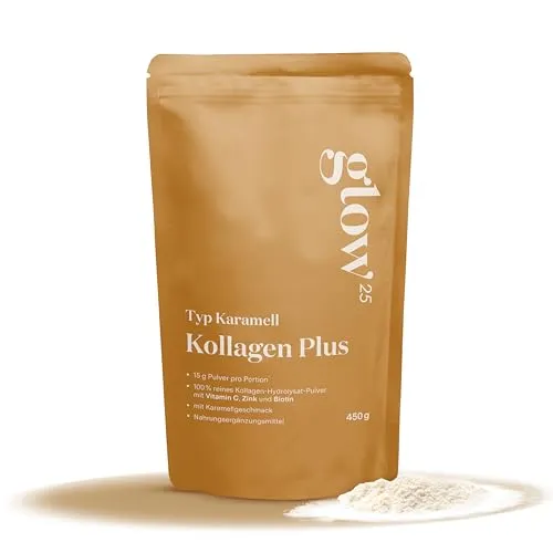 Glow25® Collagen Plus Typ Karamell [450g] – Hochwertiges Kollagen mit Vitamin C, Zink und Biotin - Kollagen-Präparate mit neuer 3-Säulen-Rezeptur: Unterstützt die Hautgesundheit und bietet einen köstlichen Karamellgeschmack. Gute Löslichkeit in kalten & warmen Getränken.