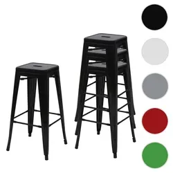 4er-Set Barhocker HWC-A73 - Schwarz, Stapelbare Metallhocker im Industriedesign - Barmöbel aus pulverbeschichtetem Metall, stapelbar und platzsparend. Ideal für ein modernes Ambiente mit praktischen Gummifüßen und hoher Stabilität.