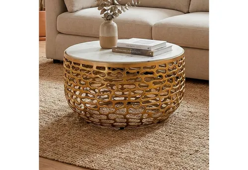 FINEBUY Couchtisch FB77375 Sofatisch Marmor rund 60cm Gold Handmade - Eleganter Couchtisch mit edler Marmorplatte – ein stilvoller Blickfang für dein Wohnzimmer. Mit kompakten 60 cm Durchmesser und stabiler Bauweise sorgt er für praktische Einsatzmöglichkeiten und setzt luxuriöse Akzente in deiner Einrichtung.