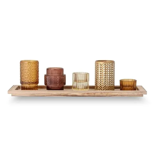 Bloomingville Windlicht Elvina - 6er Set aus Glas und Holz, bringt gemütliches Licht und Atmosphäre in jeden Raum