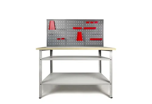 ONDIS24 Werkstatt-Set Werkbank Basic Pro mit Lochwand und Hakensortiment 95 cm Arbeitshöhe, 120 x 60 x 154 (H) cm 25mm Platte 2 Ablagen Metall