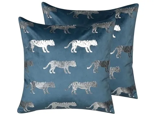 Beliani Dekokissen 2er Set 45x45 cm Samtstoff Tiermotiv Muster blau/Silber Bluebell
