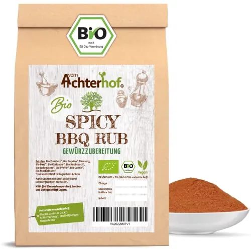 Spicy BBQ Rub Gewürzzubereitung Bio 100g | BBQ Trockenmarinade mit würzigem Geschmack | ideal zum Würzen von Fleisch & Fisch | mit Zwiebeln, Paprika, Knoblauch, Pfeffer, Muskatnuss | vom Achterhof