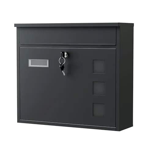 Wiltec Briefkasten V12 schwarz - Eleganter Wandbriefkasten mit Schloss - Wandbriefkasten aus galvanisiertem Stahl, abschließbar und mit Sichtfenstern, ideal für moderne Hausfronten. Robustes Design und großzügiger Einwurfschlitz für Sicherheit und Funktionalität.
