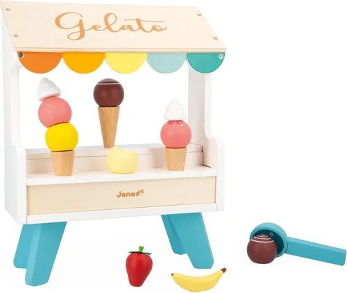 Janod Eisstand aus Holz - 14 magnetische Zubehörteile - Spielzeug-Lebensmittel: Fördert Kreativität und Fingerfertigkeit mit magnetischem Zubehör für interaktives Rollenspiel ab 3 Jahren.