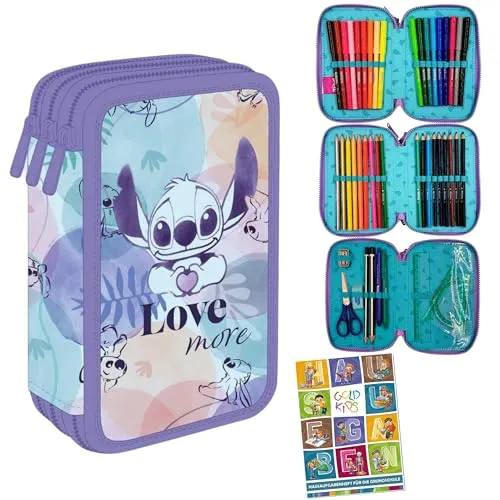Goldkids Federmäppchen 3 Fächer - Gefüllte Schüleretui mit Stitch Motiv - Federmäppchen für Mädchen und Jungen, 46-teiliges Set mit robustem Design und sicherem Reißverschluss, ideal für kreative Schulorganisation.