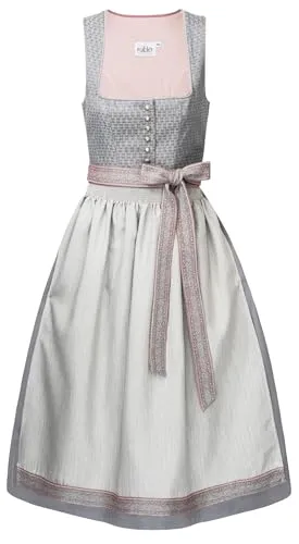 Nübler Dirndl midi Damen - 2 teilig inkl. Kleid und Dirndl Schürze im Landhausstil, Rocklänge 90cm - Moderne bayrische Tracht, Ellen Silber, Größe:46
