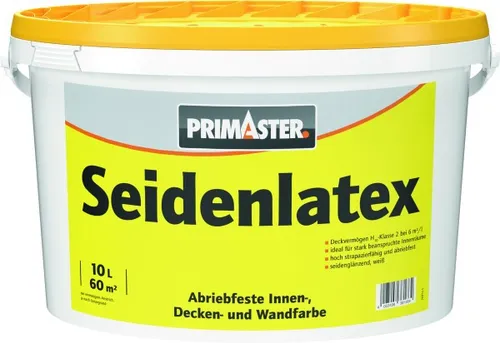 Primaster Seidenlatex glänzend 10 L weiß - Hochwertige Wandfarbe für ein brillantes, glänzendes Finish, ideal für Wohnräume und leicht zu verarbeiten.