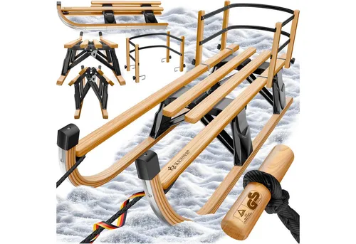 KESSER Holzschlitten Premium - Faltbarer Kinderschlitten bis 120kg, inklusive Rückenlehne und Zugseil für unvergessliche Wintertage mit der Familie