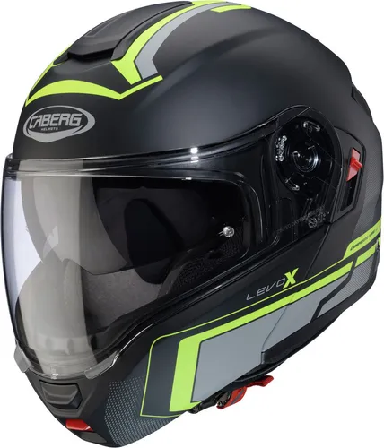 Caberg Levo X Elite Klapphelm, schwarz matt/grau/gelb, S (55/56) - Motorradhelm mit innovativem Design, doppelter Homologation (P/J) und integriertem Sonnenschutzvisier für maximalen Fahrkomfort.