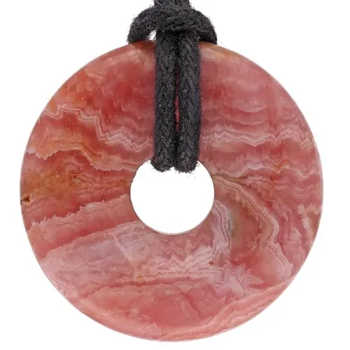 Lebensquelle Plus Edelstein Donut Ø 30 mm + Baumwollband + Edelsteinkarte | Naturstein Anhänger Halskette | Echte Heilsteinkette inkl. Band (Rhodochrosit)