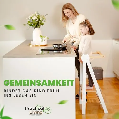 practical living e* Lernturm Montessori - Trittschemel für Baby- & Kleinkinderzimmer, höhenverstellbar und klappbar aus robustem Bambus – fördert Selbstständigkeit und passt perfekt in kleine Räume.