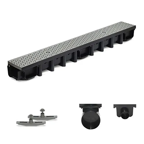 1m Entwässerungsrinne für modulares System A15 98mm, komplett Stegrost Kunststoff, Grau Decor