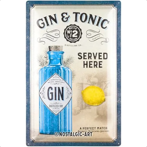 Nostalgic-Art Blechschild Open Bar - Gin & Tonic Served Here - Vintage Blechschild (40 x 60 cm) für alle Anlässe, ideal für Bars und Partyräume. Bringt nostalgischen Flair und sorgt für eine einladende Atmosphäre.