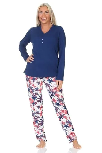 Normann Damen Schlafanzug Langarm Pyjama Floral Navy 48-50 - Eleganter langarm Damen Schlafanzug in floralem Design, erhältlich in Übergrößen. Der komfortable Schnitt und das weiche Material sorgen für ein angenehmes Tragegefühl und optimalen Komfort während der Nacht.