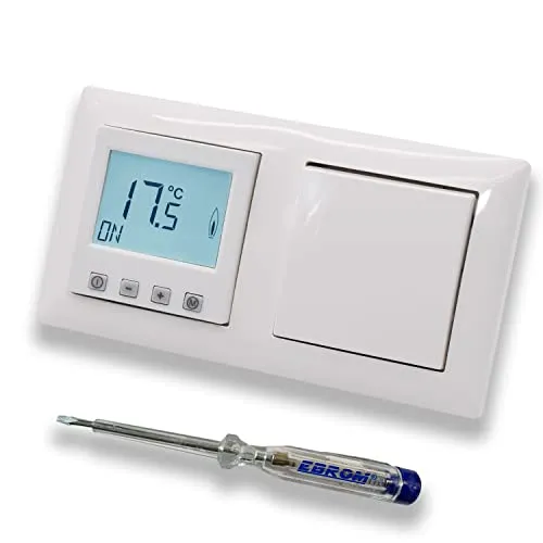 Halmburger Raumthermostat Raumtemperaturregler ERD-55rg DIGITAL in Busch Jäger Balance SI alpinweiß mit Lichtschalter 2000/6 US + EBROM Phasenprüfer zur Montage der Geräte ERD-55 (rg) Fußbodenheizung