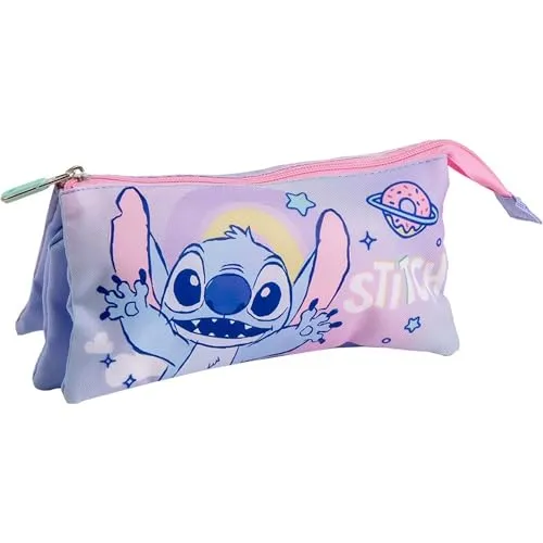 Stitch Federmäppchen mit 3 Fächern, Dreifach-Schulmäppchen mit Stitch-Design, Reißverschluss und erweitertem Platz für die Organisation von Stiften, Kugelschreibern und täglichen Schulbedarf, Stitch