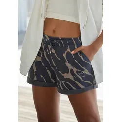 LASCANA Relaxshorts für Damen, Größe 40/42, Dunkelgrau/Taupe - Bequeme Sweatshorts mit Zebraprint, ideal für entspannte Tage. Seitliche Taschen und Logostickerei machen sie zum stylishen Loungewear-Begleiter.