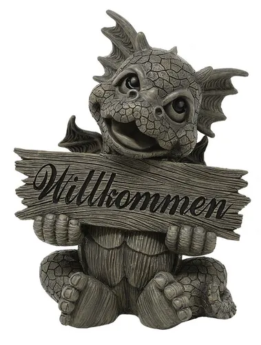 Gartendrache Welcome - Detaillierte Gartenfigur für Willkommen - Wetterfeste Gartenfigur, handbemalt und ca. 27 cm hoch, ideal für Ihren Garten oder Balkon. Bringen Sie einen Hauch von Magie in Ihren Außenbereich!