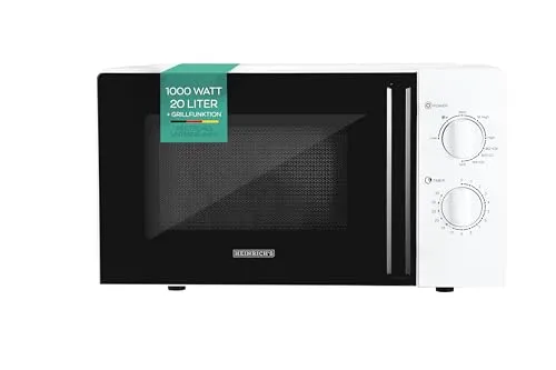 HEINRICHS Mikrowelle, kompakte Mikrowelle, 20L Volumen, 9 Leistungsstufen, inkl.35min.Timer, Defrost Funktion, Innenraumbeleuchtung, 360°Drehteller, mit Grillfunktion,1000W Leistung, Heinrich´s(weiß)