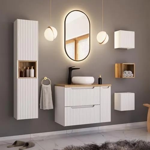 Lomadox Badmöbel-Set NEWPORT-56-WHITE - Badmöbel-Set mit 6 Teilen, inklusive LED-Spiegel und gerillter Front in elegantem Weiß - ideal für moderne Badezimmer.