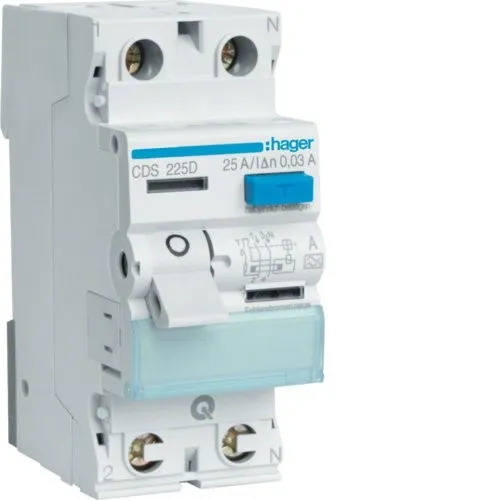 Hager CDS225D FI-Schutzschalter 2P 25A 30mA Steckklemm - Fehlerstromschutzschalter 2-polig mit QuickConnect-Klemme, 6kA, ideal für sichere Elektroinstallationen und einfache Montage auf DIN-Schiene.