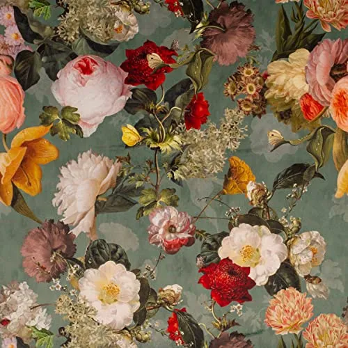 SCHÖNER LEBEN. Vintage Rosen Blumen Samtstoff in Mint - Dekorativer Samtstoff mit digitalem Vintage-Rosen-Muster, ideal für kreative Nähprojekte. Breite: 1,40m, waschbar bei 30°C, aus 100% Polyester.