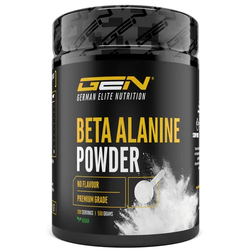 GEN Beta Alanin Pure Powder 500g - Nahrungsergänzungsmittel für Muskelzuwachs und verbesserte Sportleistung, vegan und neutral im Geschmack, ideal für Bodybuilding und Fitness.