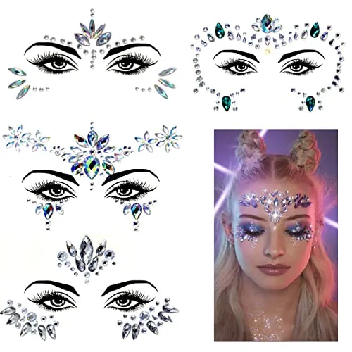 Gesicht Strasssteine 4PCS,Temporäre Tattoos Glitzer Schmucksteine Selbstklebend Glitzersteine Gesicht,Schmucksteine Festival Face Sticker für Karneval Schminke, Parties,Make-up (1)