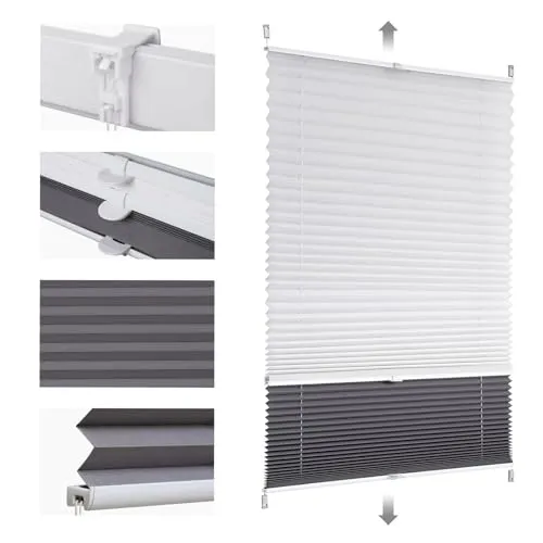 Produktbild Sekey Plissee Doppelplissee Day+Night Verdunkelung ohne Bohren verspannt Lichtschutz, Klemmfix, 85x120cm Weiß und Grau