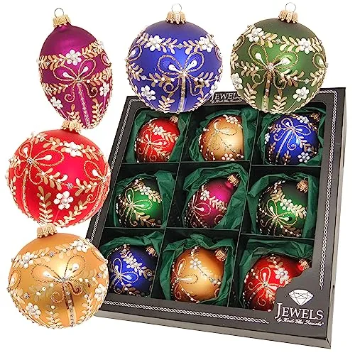 Krebs Glas Lauscha Weihnachtsdekoration - 9-tlg. Christbaumschmuck aus Glas in Gold, Rot, Blau, Grün, Purpur - Weihnachtsbaumkugeln - Glänzende 9er Kollektion mit glitzernden Verzierungen, ideal für festliche Dekoration und Made in Europe.
