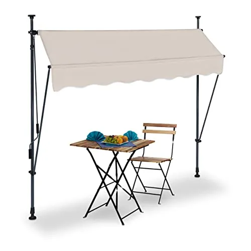 Relaxdays Klemmmarkise, 200 cm breit, höhenverstellbar, Sonnenschutz Balkon ohne Bohren, UV-beständig, Kurbel, sand/grau