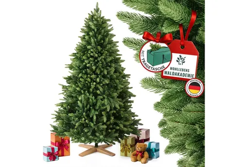 MerryTree Luxus künstlicher Weihnachtsbaum 120 cm - Künstlicher Weihnachtsbaum mit naturgetreuen PE-Nadeln und massivem Holzfuß für sicheren Stand. Unterstütze den Waldschutz mit jedem Kauf!