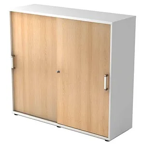 Hammerbacher Schiebetürenschrank R-Serie, abschließbar, 120x110x40cm - Schiebetürenschrank aus Holz mit 3 Ordnerhöhen und abschließbarem Druckzylinderschloss. Ideal für sicheres und ordentliches Büro-Management.